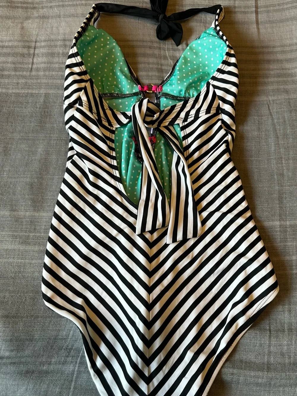 Guess Black & White Striped One-Piece Swimsuit with Mint Polka Dot Lining